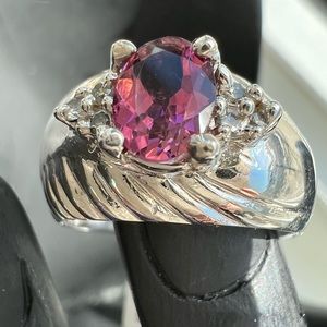 Oval light pink tourmaline with 6 round cut diamond 10k white gold ring .